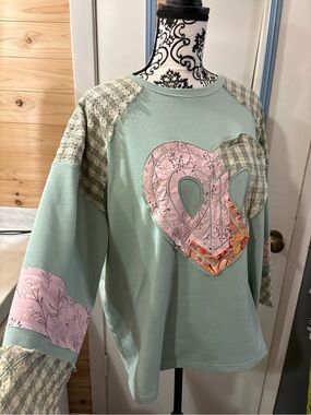 Mint Green Heart Patch Pullover with Pink Accents